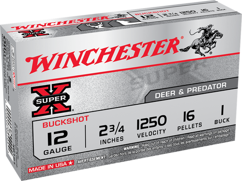 Winchester XB121 12GA Buck, 2 3/4", 1250FPS, 16 Pellets, 1 Buck, 5RD Per Box