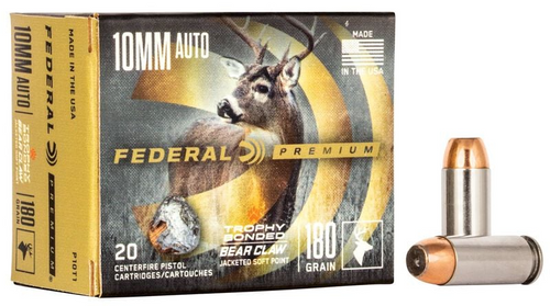 Federal P10T1 Premium 10mm Auto, Trophy Bonded Bear Claw Jackted Soft Point, 180GR, 20RD Per Box, 029465064808