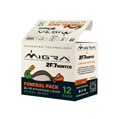 Migra M-12S-2F.7 Funeral Pack 12GA, 3", Waterfowl Stacked Steel 2/4, 1 1/4oz, 1450FPS, 250RD Per Case, 850060794667