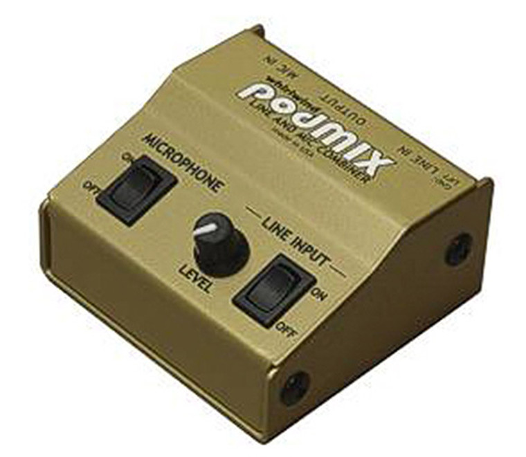 Whirlwind podMIX - This is a passive mixer that combines a microphone with a stereo, line level audio source and reduces them to mic level for connection to a single channel input of a sound system.