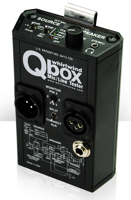 Whirlwind Qbox - An all-in-one audio line tester ideal for applications such as live sound, maintenance, installation work - anywhere audio runs down a cable. The Qbox includes a microphone, a speaker, a test tone generator, outputs for standard headphones, a 1/4" jack for line-in or a 2k Ohm (telephone) earpiece out. A handy clip attaches the Qbox to your belt or equipment rack.