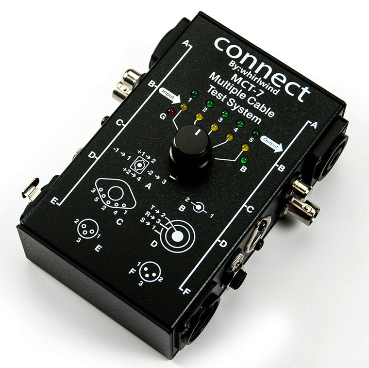 Whirlwind MCT-7 - This diagnostic cable tester has connectors for analyzing almost any type of cable combination. The convenient rotary switch allows testing of each conductor within the cable and can determine the internal wiring configuration. Tests NL4, 5 pin DIN, BNC, XLR, TRS, RCA and 3.5 mm types.
