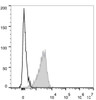 Human peripheral blood lymphocytes are stained with PE/Cyanine5 Anti-Human CD2 Antibody(filled gray histogram). Unstained lymphocytes (empty black histogram) are used as control.