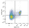 C57BL/6 murine splenocytes are stained with APC Anti-Mouse CD2 Antibody and FITC Anti-Mouse CD45R/B22 Antibody.