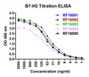 Titration curve analysis of B7-H3 mAbs to detect recombinant B7-H3 in ELISA with RF16091, RF16092, RF16093, RF16094, and RF16095 antibodies at decreasing concentrations.