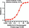 <strong>Figure 2 Sandwich ELISA for SARS-CoV-2 (COVID-19) Matched Pair Nucleocapsid Antibodies</strong><br>
Antibodies: SARS-CoV-2 (COVID-19) Nucleocapsid Antibodies, 10-352 and 35-719. A sandwich ELISA was performed using SARS-CoV-2 Nucleocapsid antibody (10-352, 5ug/ml) as capture antibody, the Nucleocapsid recombinant protein as the binding protein (10-306) , and the anti-SARS-CoV-2 Nucleocapsid antibody (35-719, 1ug/ml) as the detection antibody. Secondary: Goat anti-mouse IgG HRP conjugate at 1:20000 dilution. Detection range is from 0.03 ng to 300 ng. EC50 = 2.5 ng