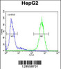 Flow cytometric analysis of HepG2 cells (right histogram) compared to a negative control cell (left histogram) .FITC-conjugated goat-anti-rabbit secondary antibodies were used for the analysis.