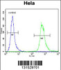 Flow cytometric analysis of Hela cells (right histogram) compared to a negative control cell (left histogram) .FITC-conjugated goat-anti-rabbit secondary antibodies were used for the analysis.