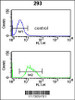 Flow cytometry analysis of 293 cells (bottom histogram) compared to a negative control cell (top histogram) .FITC-conjugated goat-anti-rabbit secondary antibodies were used for the analysis.