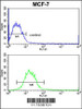 Flow cytometric analysis of MCF-7 cells (bottom histogram) compared to a negative control cell (top histogram) .FITC-conjugated goat-anti-rabbit secondary antibodies were used for the analysis.