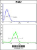 Flow cytometric analysis of k562 cells (bottom histogram) compared to a negative control cell (top histogram) .FITC-conjugated goat-anti-rabbit secondary antibodies were used for the analysis.