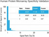 Analysis of HuProt (TM) microarray containing more than 19, 000 full-length human proteins using MCM7 antibody (clone MCM7/1467) . Z- and S- score: The Z-score represents the strength of a signal that an antibody (in combination with a fluorescently-tagged anti-IgG secondary Ab) produces when binding to a particular protein on the HuProt (TM) array. Z-scores are described in units of standard deviations (SD's) above the mean value of all signals generated on that array. If the targets on the HuProt (TM) are arranged in descending order of the Z-score, the S-score is the difference (also in units of SD's) between the Z-scores. The S-score therefore represents the relative target specificity of an Ab to its intended target.