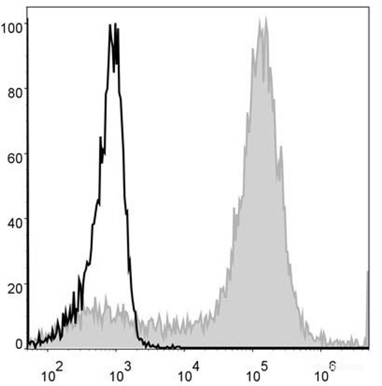 Mouse bone marrow cells are stained with PE Anti-Mouse/Human CD11b Antibody(filled gray histogram). Unstained bone marrow cells (blank black histogram) are used as control.