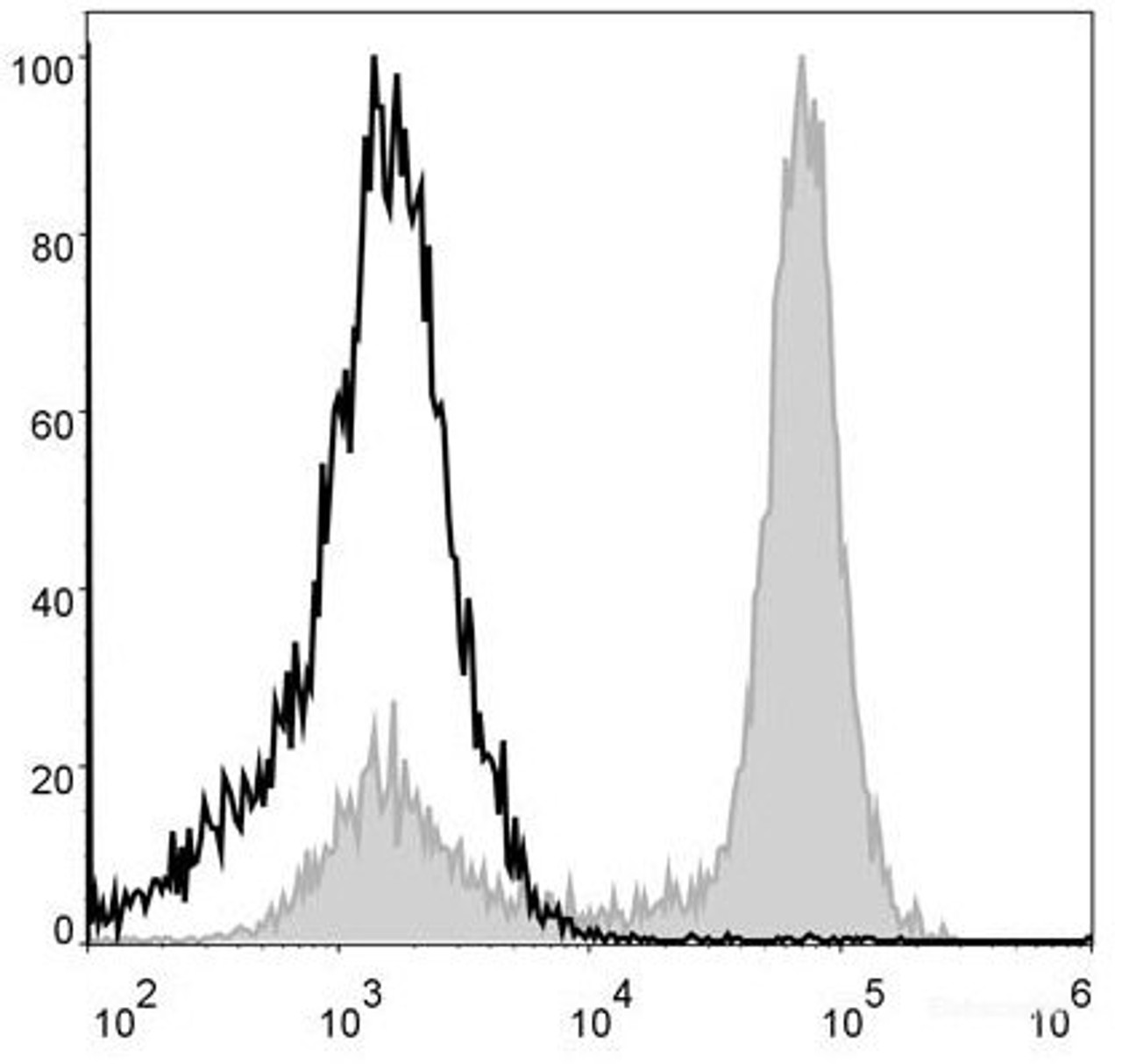 Mouse bone marrow cells are stained with PerCP Anti-Mouse/Human CD11b Antibody(filled gray histogram). Unstained bone marrow cells (blank black histogram) are used as control.