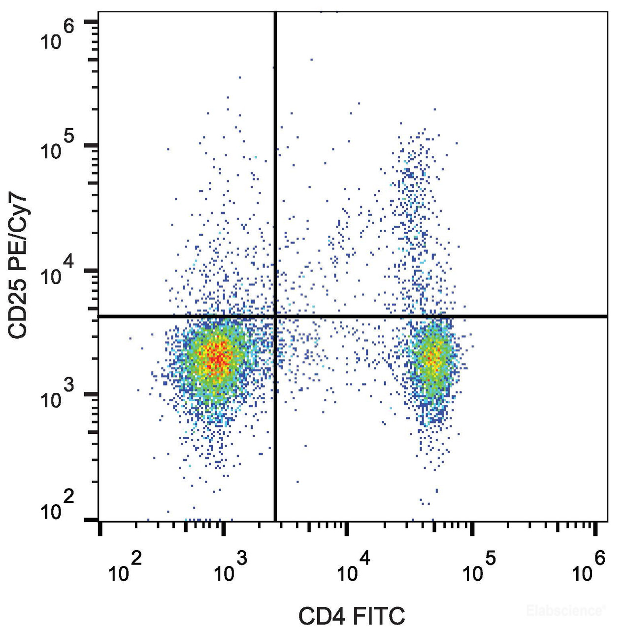 C57BL/6 murine splenocytes are stained with FITC Anti-Mouse CD4 Antibody and PE/Cyanine7 Anti-Mouse CD25 Antibody.