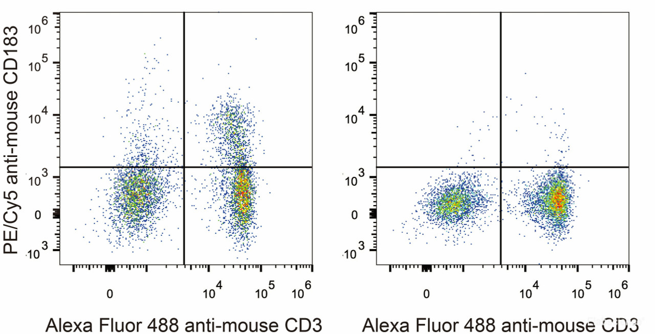 C57BL/6 murine splenocytes are stained with PE/Cyanine5 Anti-Mouse CD183/CXCR3 Antibody and AF488 Anti-Mouse CD3 Antibody(Left). Splenocytes stained with AF488 Anti-Mouse CD3 Antibody (Right) are used as control.