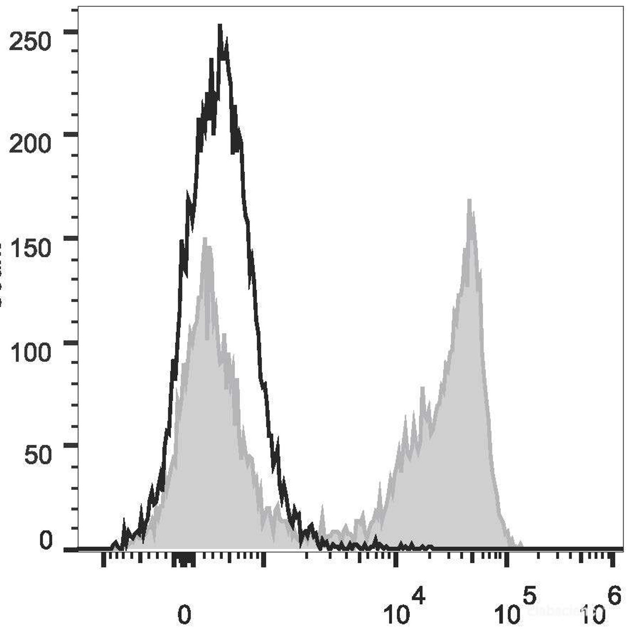 C57BL/6 murine bone marrow cells are stained with PercP Anti-Mouse Ly-6G/Ly-6C (Gr-1) Antibody(filled gray histogram). Unstained bone marrow cells (empty black histogram) are used as control.