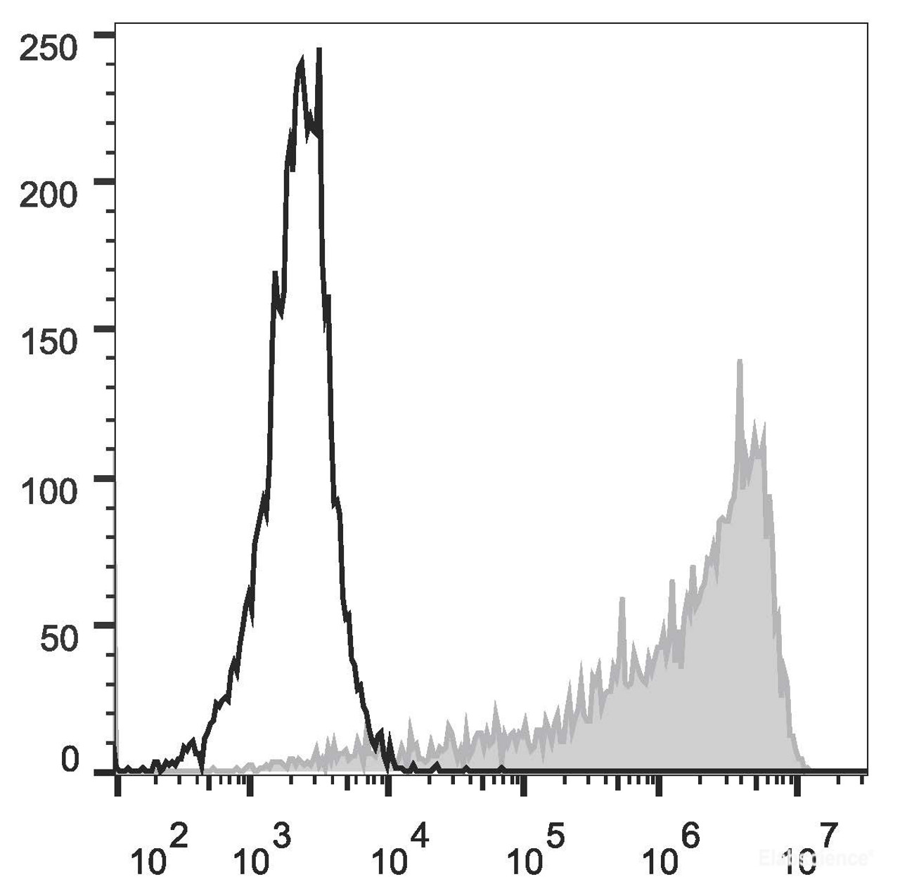 Mouse abdominal macrophages elicited by starch broth are stained with PE Anti-Mouse CD26 Antibody[Used at .2 μg/1<sup>6</sup> cells dilution](filled  gray histogram)or PE Rat IgG2a, κ Isotype Control(empty black histogram).