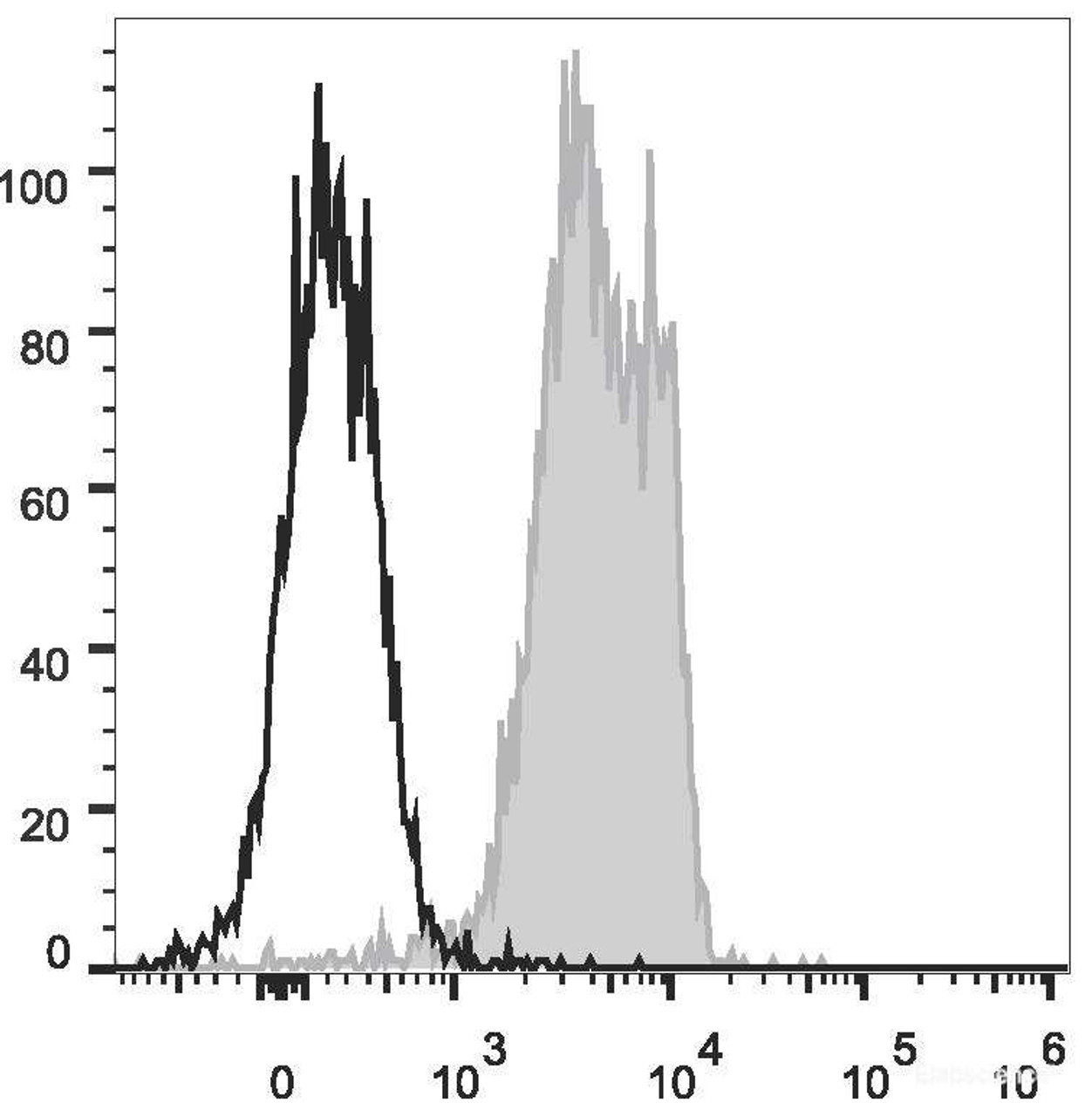 C57BL/6 murine splenocytes are stained with PE Anti-Mouse CD31 Antibody(filled gray histogram). Unstained splenocytes (empty black histogram) are used as control.