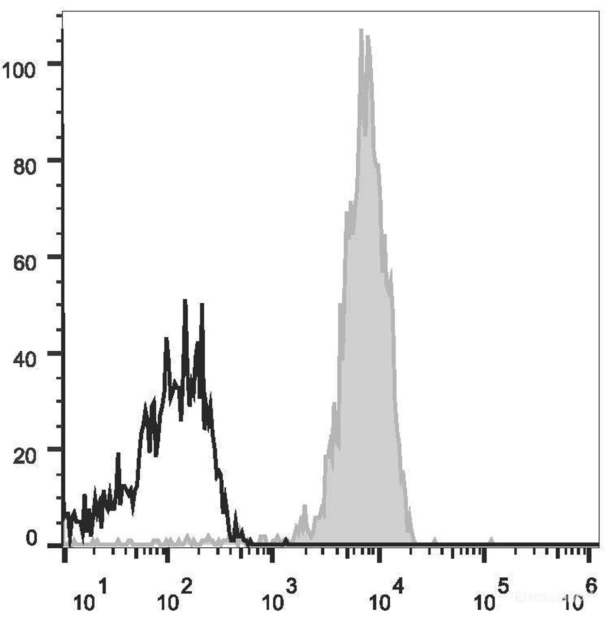 C57BL/6 murine splenocytes are stained with APC Anti-Mouse CD31 Antibody(filled gray histogram). Unstained splenocytes (empty black histogram) are used as control.