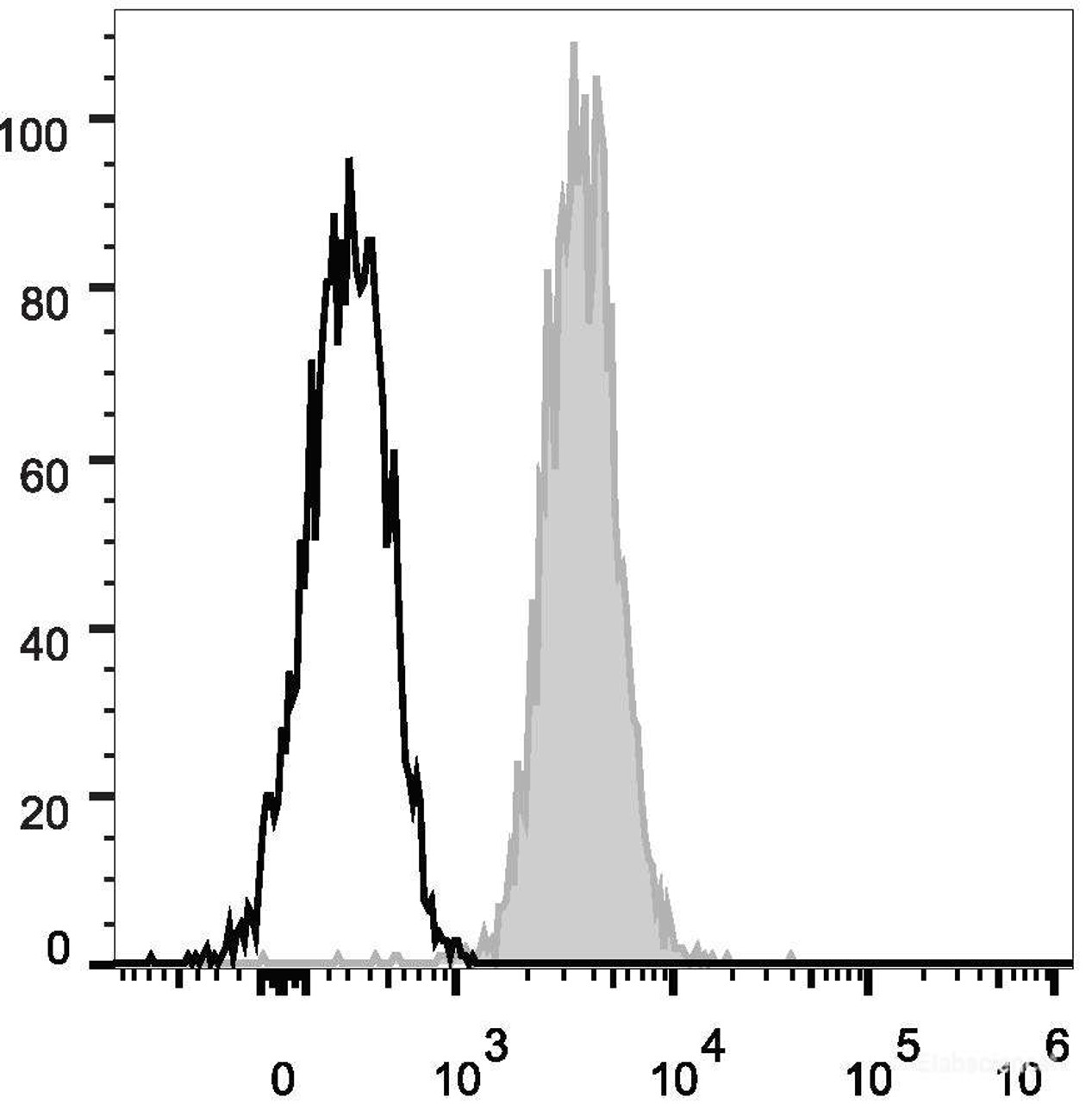 Human peripheral blood lymphocytes are stained with Anti-Human CD81 Monoclonal Antibody(PE Conjugated)(filled gray histogram). Unstained lymphocytes (empty black histogram) are used as control.