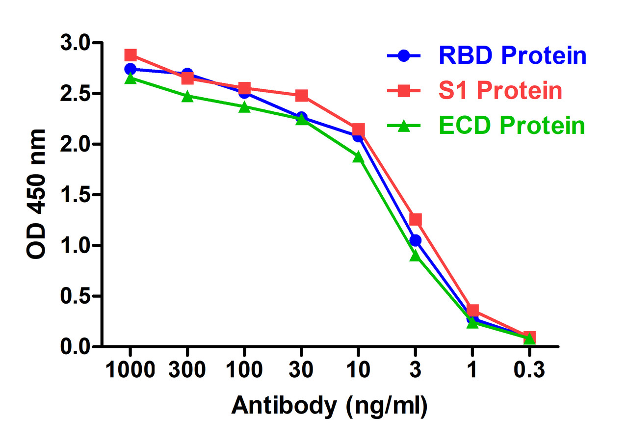 <strong>Figure 2 ELISA Validation with SARS-CoV-2 (COVID-19)  Spike RBD, S1 and ECD Proteins  </strong><br>Antibodies: SARS-CoV-2 (COVID-19) Spike S1 RBD Antibody, SD9437.  A direct ELISA was performed using SARS-CoV-2 Spike recombinant proteins (RBD, 10-303; S1, 97-087; ECD, 11-070) as coating antigen at 1 &#956;g/mL and the anti-SARS-CoV-2 (COVID-19) Spike S1 RBD antibody (SD9437) as the capture antibody, following by anti-cMyc-tag antibody (PM-7669) at 1 &#956;g/mL. Secondary: Goat anti-mouse IgG HRP conjugate at 1:5000 dilution. Detection range is from 0.3 ng/mL to 1000 ng/mL. SARS-CoV-2 (COVID-19) Spike S1 RBD Antibody, SD9437 can detect spike RBD, S1 and ECD proteins at 2 ng/mL.