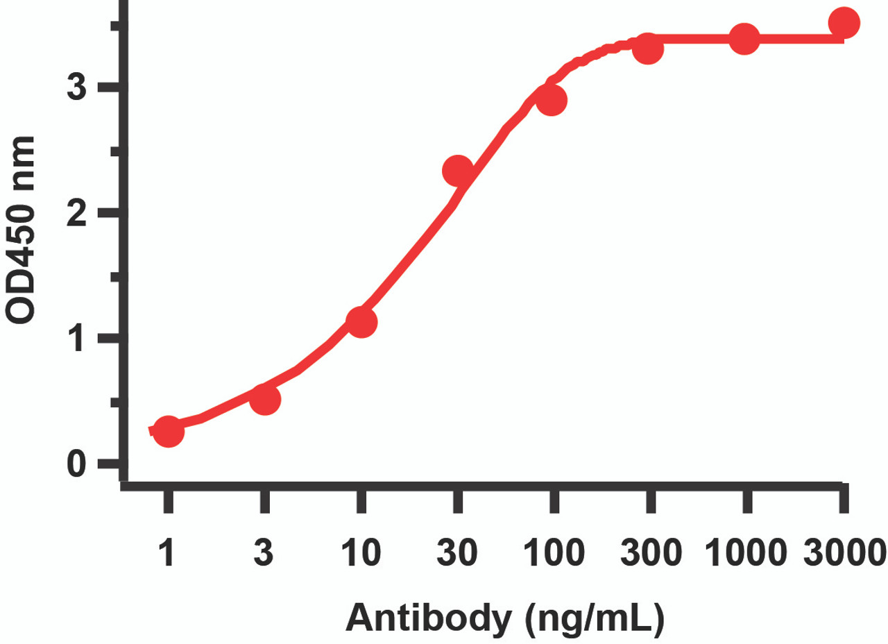 Figure 1 ELISA Validation with SARS-CoV-2 (COVID-19) NSP8 Protein 
Antibodies: SARS-CoV-2 (COVID-19) NSP8 Antibody, 9167. A direct ELISA was performed using SARS-CoV-2 NSP8 recombinant protein (10-415) as coating antigen and the anti-SARS-CoV-2 (COVID-19) NSP8 antibody as the capture antibody. Secondary: Goat anti-rabbit IgG HRP conjugate at 1:20000 dilution. Detection range is from 1 ng/mL to 3000 ng/mL