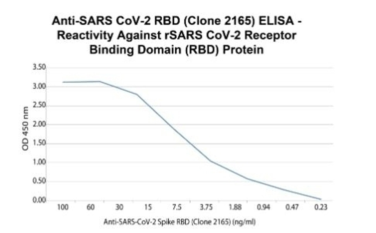 Coating: Purified Recombinant SARS-CoV-2 Spike RBD, concentration of 1 ul/well, 100 ul/well overnight 2-8&#730;C. Detection: Anti-SARS-CoV-2 RBD (Clone 2165) conjugated to HRP was serially diluted starting at 25 ng/ml down to 0.23 ng/ml, 100 ul/well for 1 hour at 37&#730;C. Substrate: TMB, 100 ul/well for 15 min. at room temperature followed by 450 nm stop solution, 50ul/well.