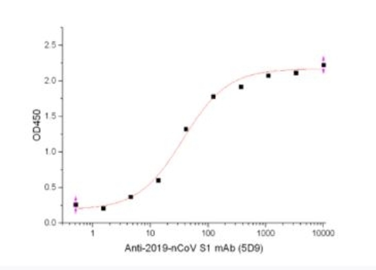 Immobilized 2019-nCoV S1 Protein-His at 2μg/ml (100 μl/well) can bind Anti-2019-nCoV S1 mAb (5D9) (Cat#93-311) .The ED50 of Anti-2019-nCoV S1 mAb (5D9) (Cat#93-311) is 36.9 ng/ml.