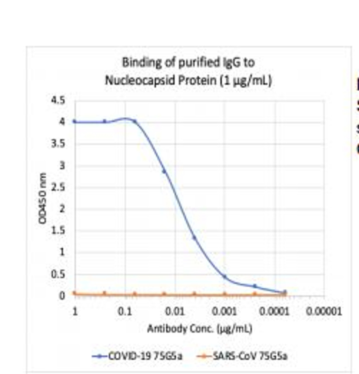 Microtiter wells were coated with SARS-CoV-2 (COVID-19) Nucleocapsid Protein (NP) and SARS-CoV NP at 1 ug/mL. Purified rabbit monoclonal antibody 75G5a was
serially diluted 1:2 starting at 1 ug/mL, and shows very strong and specific binding to COVID-19 NP antigen, with no significant cross-reactivity to SARS-CoV NP antigen.
