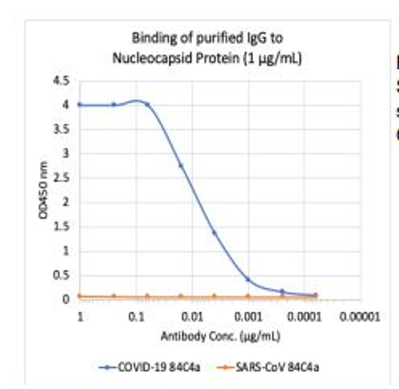 Microtiter wells were coated with SARS-CoV-2 (COVID-19) Nucleocapsid Protein (NP) and SARS-CoV NP at 1 ug/mL. Purified rabbit monoclonal antibody 84C4a was
serially diluted 1:2 starting at 1 ug/mL, and shows very strong and specific binding to COVID-19 NP antigen, with no significant cross-reactivity to SARS-CoV NP antigen.