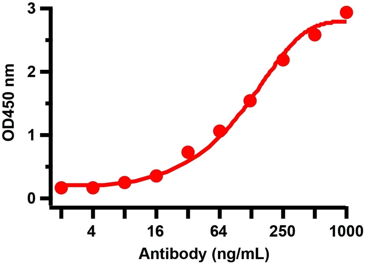 <strong>Figure 2 ELISA Test </strong><br> Antibodies: SARS-CoV-2 Nucleocapsid antibody, 35-712. An ELISA was performed using human SARS-CoV-2 Nucleocapsid recombinant protein as coating antigen and the SARS-CoV-2 Nucleocapsid antibody, as the capture antibody. Secondary: Goat anti-mouse IgG HRP conjugate at 1:20000 dilution. Detection range is from 2 ng/mL to 1000 ng/mL.