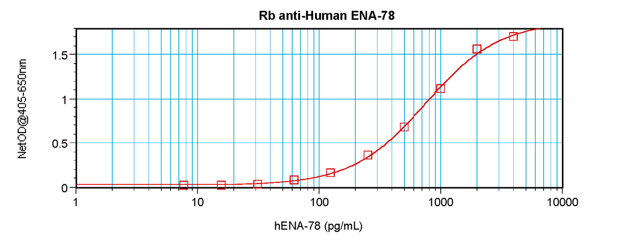 To detect hENA-78 by sandwich ELISA (using 100 ul/well antibody solution) a concentration of 0.5 - 2.0 ug/ml of this antibody is required. This antigen affinity purified antibody, in conjunction with ProSci’s Biotinylated Anti-Human ENA-78 (XP-5123Bt) as a detection antibody, allows the detection of at least 0.2 - 0.4 ng/well of recombinant hENA-78.
