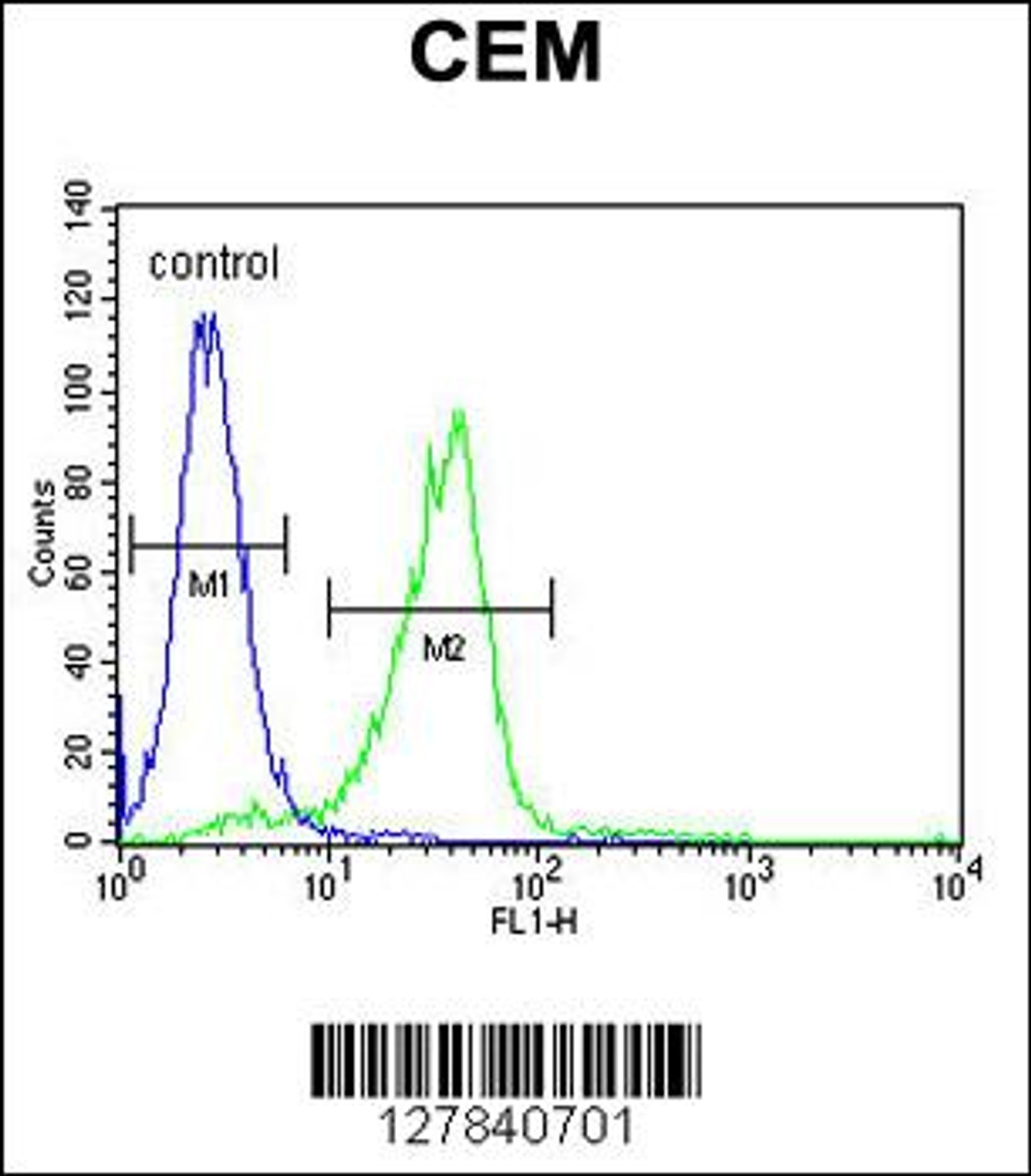 Flow cytometric analysis of CEM cells (right histogram) compared to a negative control cell (left histogram) .FITC-conjugated goat-anti-rabbit secondary antibodies were used for the analysis.