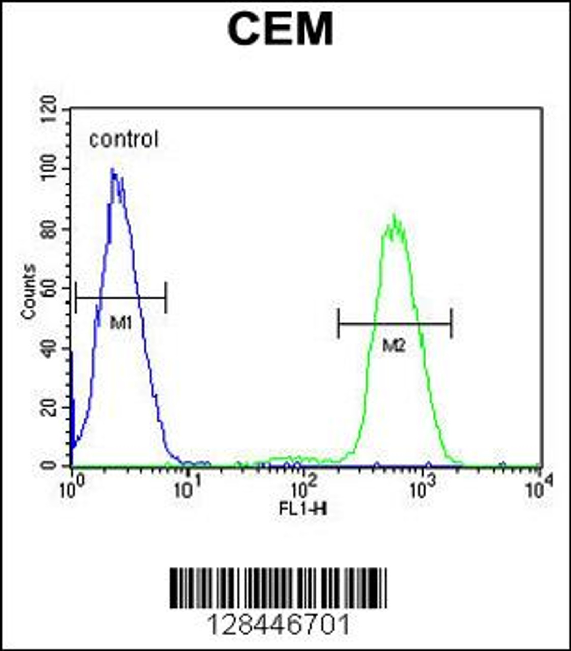 Flow cytometric analysis of CEM cells (right histogram) compared to a negative control cell (left histogram) .FITC-conjugated goat-anti-rabbit secondary antibodies were used for the analysis.