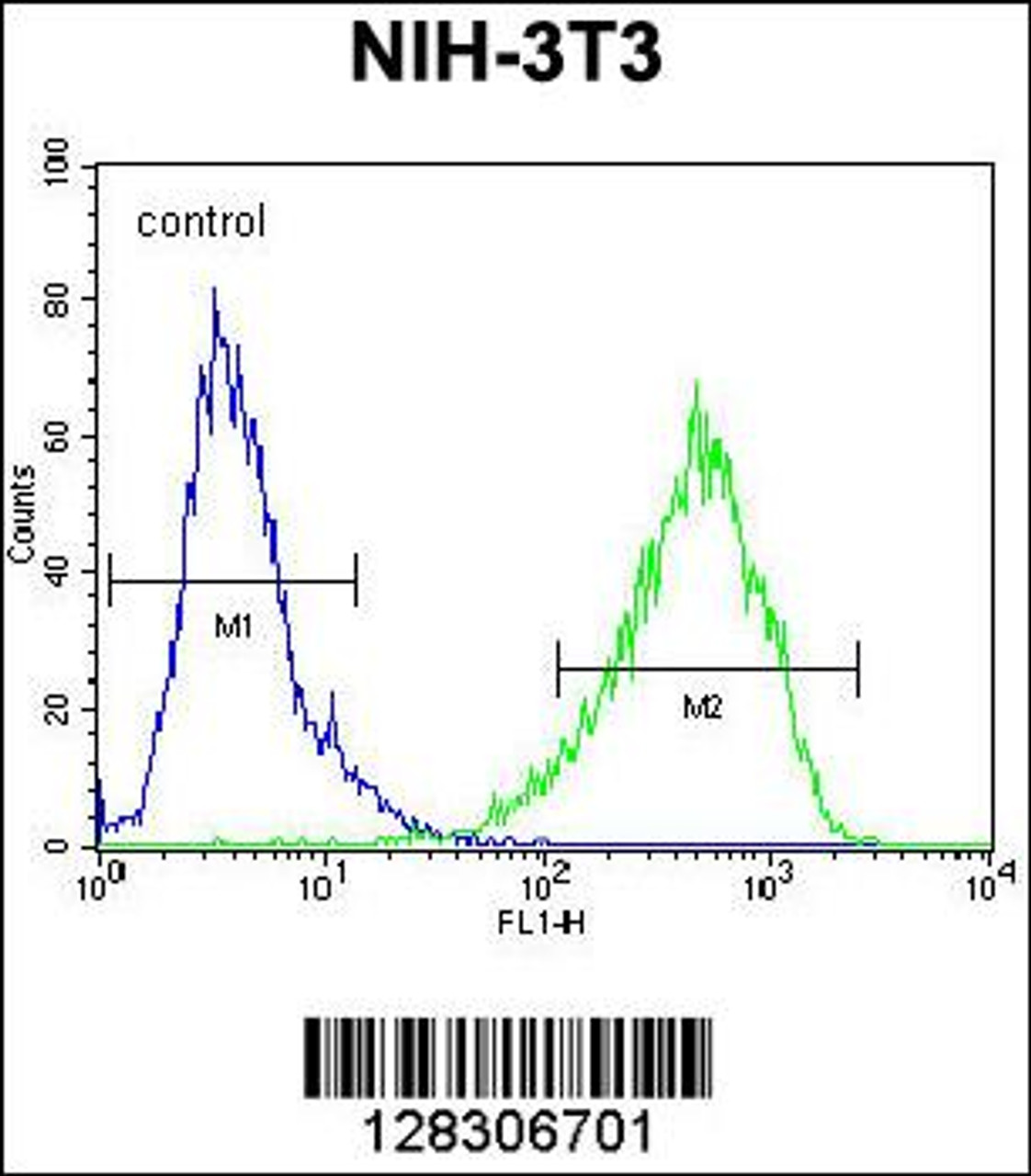 Flow cytometric analysis of NIH-3T3 cells (right histogram) compared to a negative control cell (left histogram) .FITC-conjugated goat-anti-rabbit secondary antibodies were used for the analysis.
