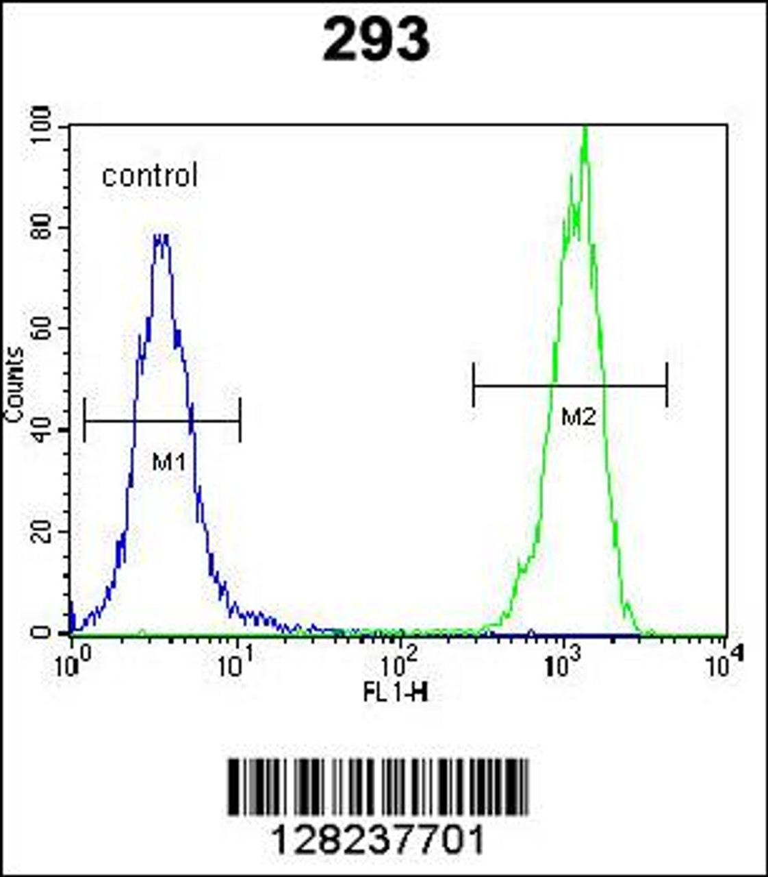 Flow cytometric analysis of 293 cells (right histogram) compared to a negative control cell (left histogram) .FITC-conjugated goat-anti-rabbit secondary antibodies were used for the analysis.