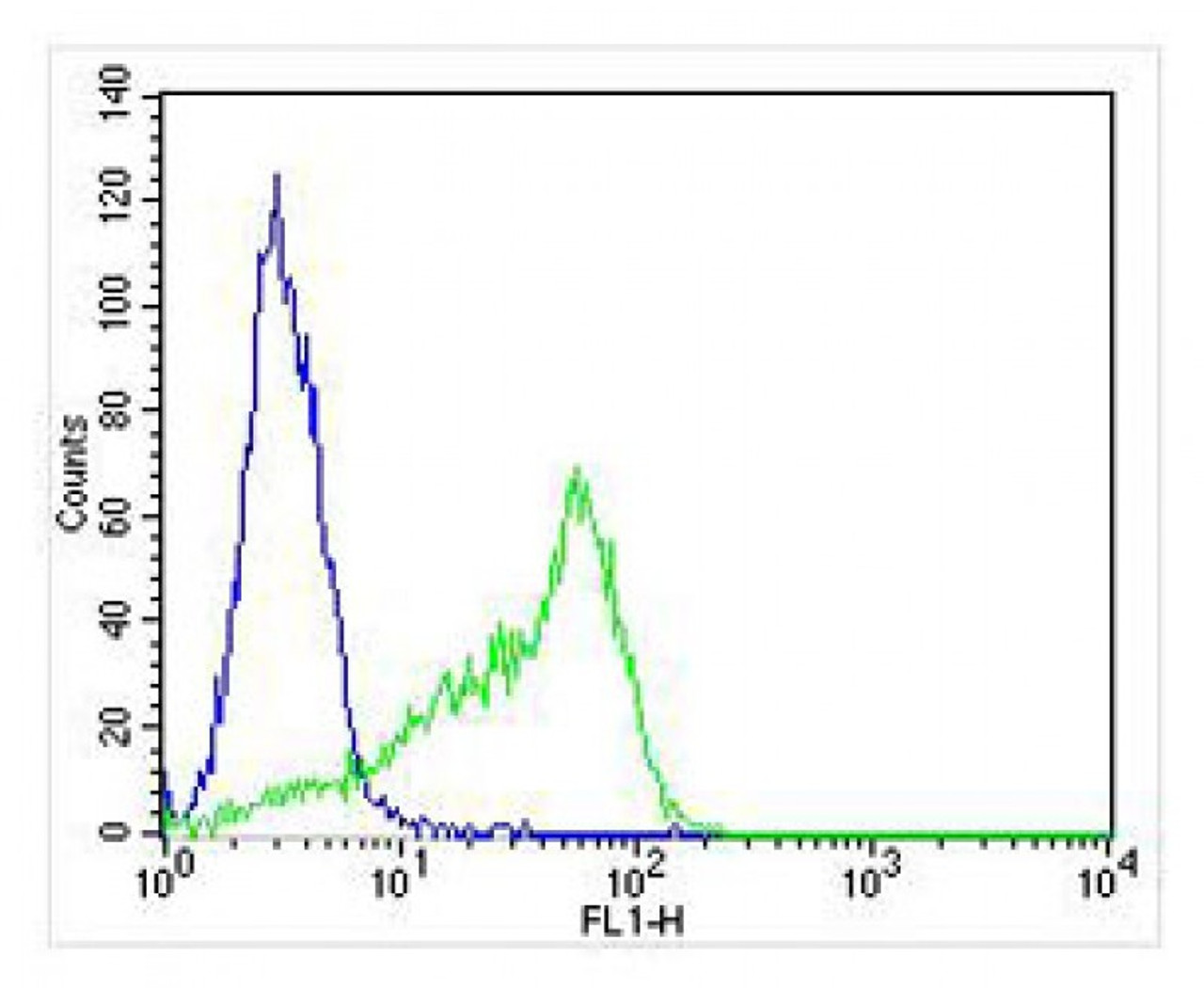 Overlay histogram showing HT-29 cells stained with Antibody (green line) . The cells were fixed with 4% paraformaldehyde (10 min) and then permeabilized with 90% methanol for 10 min. The cells were then icubated in 2% bovine serum albumin to block non-specific protein-protein interactions followed by the antibody (1:25 dilution) for 60 min at 37ºC. The secondary antibody used was Alexa Fluor 488 goat anti-rabbit lgG (H+L) (1583138) at 1/400 dilution for 40 min at 37ºC. Isotype control antibody (blue line) was rabbit IgG1 (1ug/1x10^6 cells) used under the same conditions. Acquisition of >10, 000 events was performed.