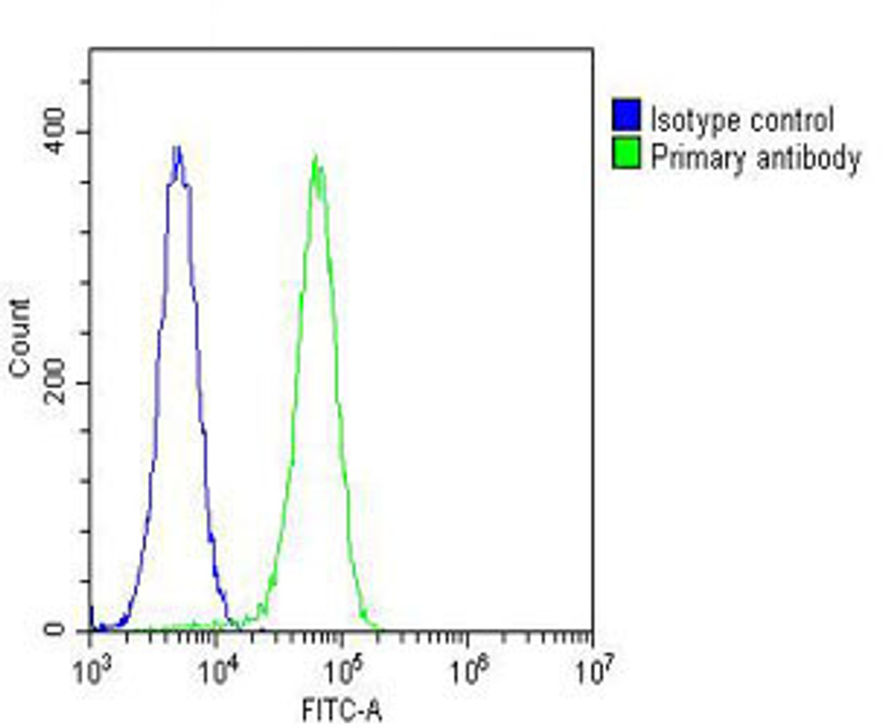 Overlay histogram showing K562 cells stained with Antibody (green line) . The cells were fixed with 2% paraformaldehyde (10 min) and then permeabilized with 90% methanol for 10 min. The cells were then icubated in 2% bovine serum albumin to block non-specific protein-protein interactions followed by the antibody (1:25 dilution) for 60 min at 37ºC. The secondary antibody used was Goat-Anti--Rabbit IgG, DyLight 488 Conjugated Highly Cross-Adsorbed (OH191631) at 1/200 dilution for 40 min at 37ºC. Isotype control antibody (blue line) was rabbit IgG (1ug/1x10^6 cells) used under the same conditions. Acquisition of >10, 000 events was performed.