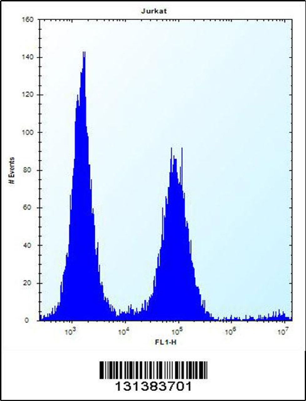 Flow cytometric analysis of Jurkat cells (right histogram) compared to a negative control cell (left histogram) .FITC-conjugated donkey-anti-rabbit secondary antibodies were used for the analysis.