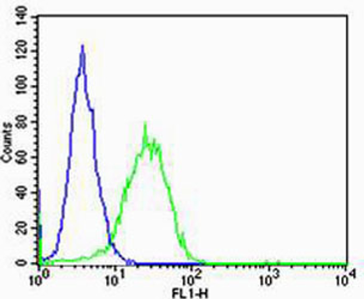 Flow cytometric analysis of Hela cells using EEF1B2 Antibody (green) compared to an isotype control of rabbit IgG (blue) . Antibody was diluted at 1:25 dilution. An Alexa Fluor 488 goat anti-rabbit lgG at 1:400 dilution was used as the secondary antibody.