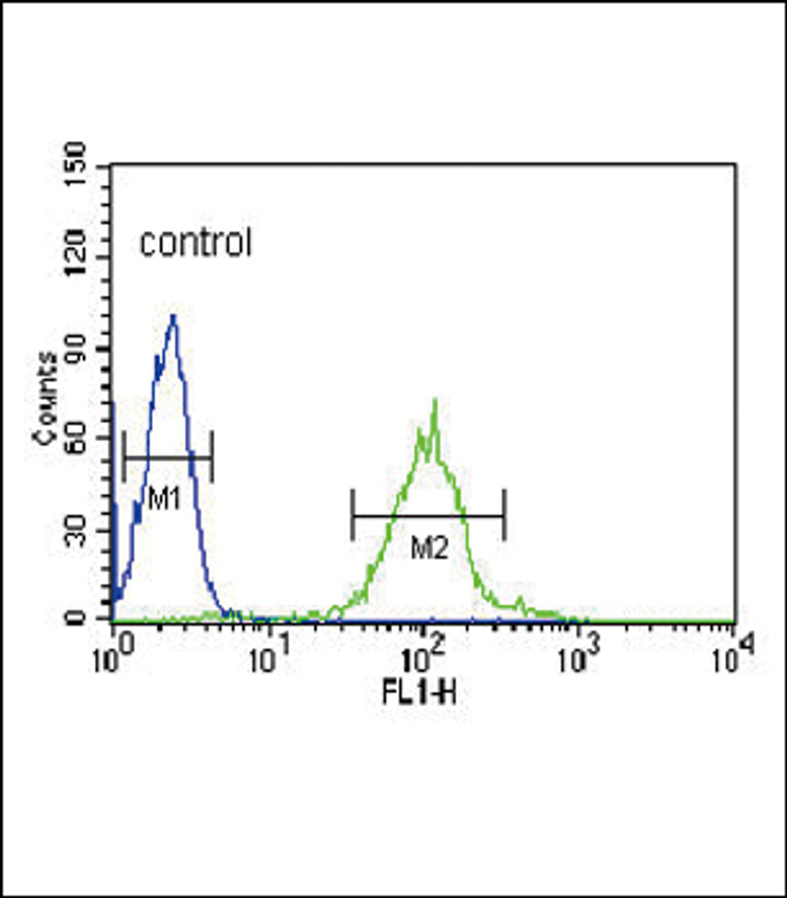 Flow cytometric analysis of HL-60 cells (right histogram) compared to a negative control cell (left histogram) .FITC-conjugated goat-anti-rabbit secondary antibodies were used for the analysis.