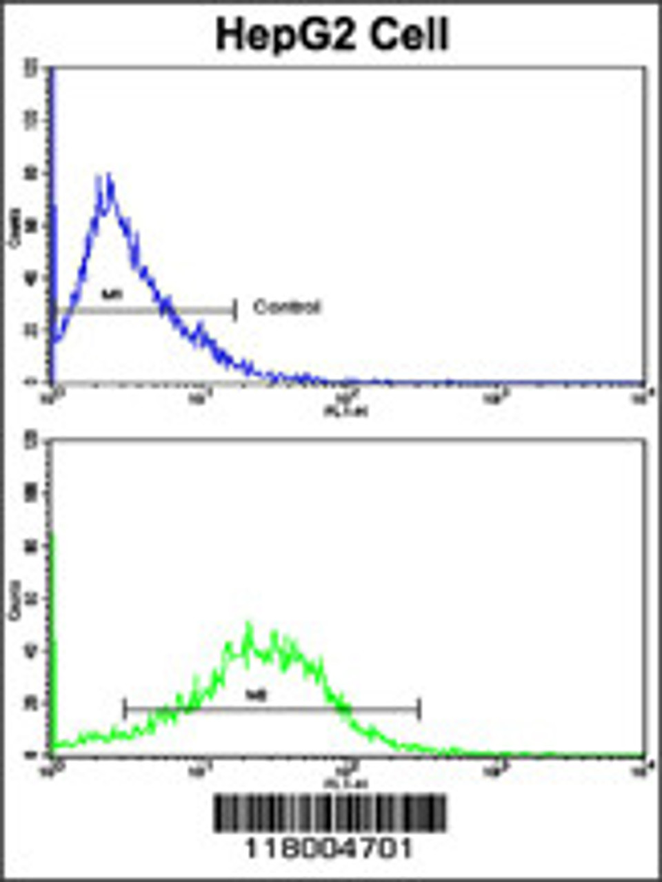 Flow cytometric analysis of HepG2 cells using CD49e Antibody (bottom histogram) compared to a negative control cell (top histogram) . FITC-conjugated goat-anti-rabbit secondary antibodies were used for the analysis.