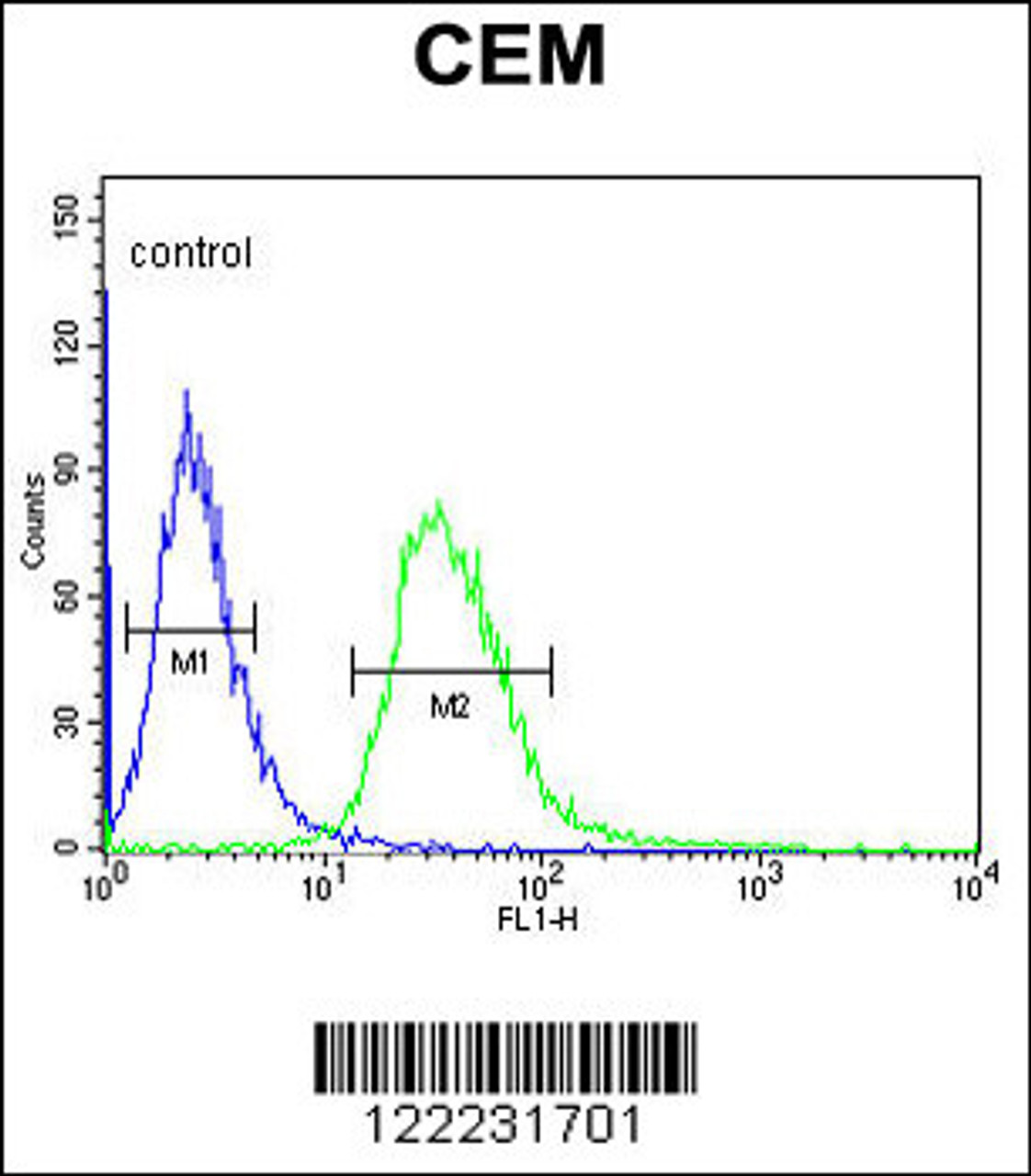 Flow cytometric analysis of CEM cells (right histogram) compared to a negative control cell (left histogram) .FITC-conjugated goat-anti-rabbit secondary antibodies were used for the analysis.