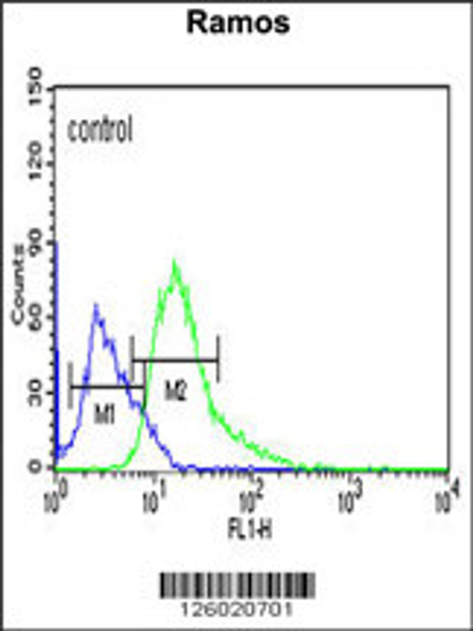 Flow cytometric analysis of Ramos cells (right histogram) compared to a negative control cell (left histogram) .FITC-conjugated goat-anti-rabbit secondary antibodies were used for the analysis.