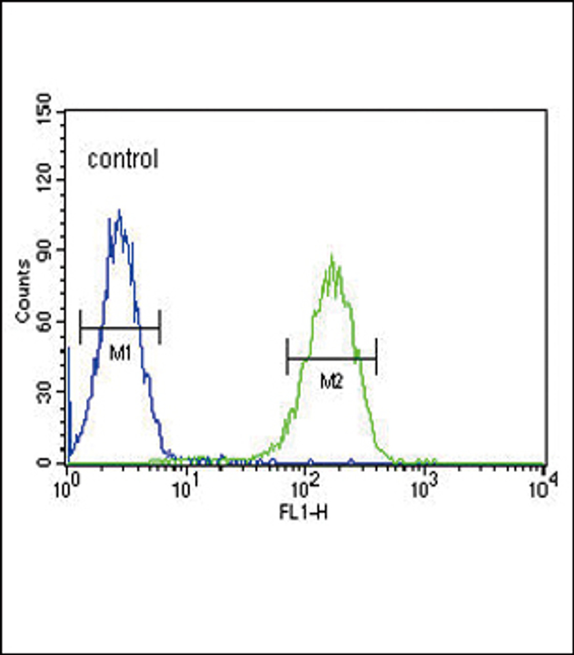 Flow cytometric analysis of K562 cells (right histogram) compared to a negative control cell (left histogram) .FITC-conjugated goat-anti-rabbit secondary antibodies were used for the analysis.