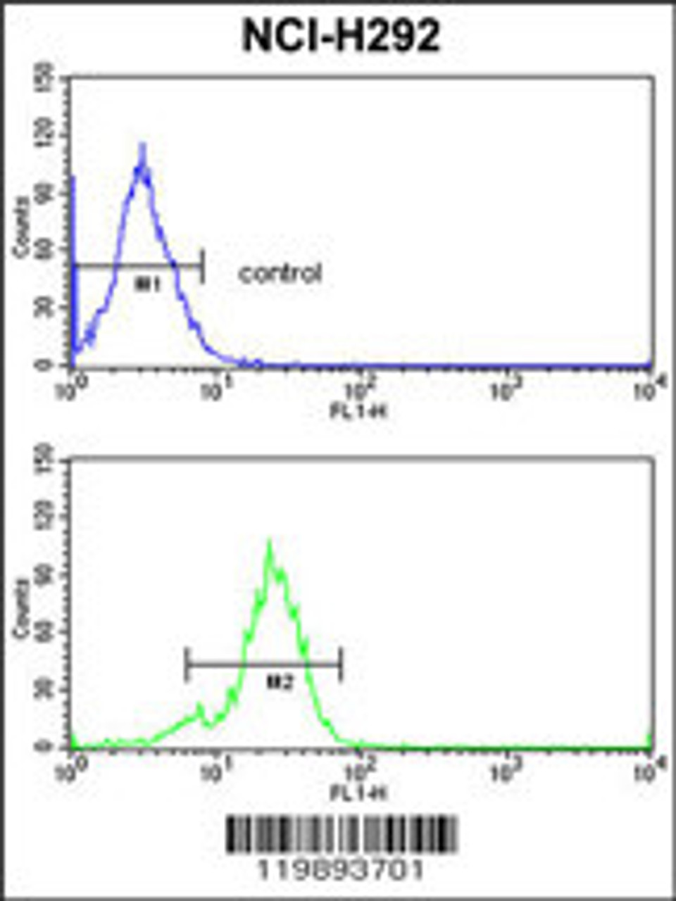 Flow cytometric analysis of NCI-H292 cells (bottom histogram) compared to a negative control cell (top histogram) .FITC-conjugated goat-anti-rabbit secondary antibodies were used for the analysis.