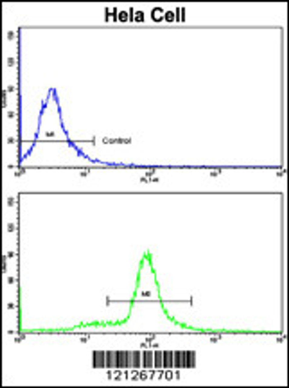 Flow cytometric analysis of hela cells using SRP72 Antibody (bottom histogram) compared to a negative control cell (top histogram) . FITC-conjugated goat-anti-rabbit secondary antibodies were used for the analysis.