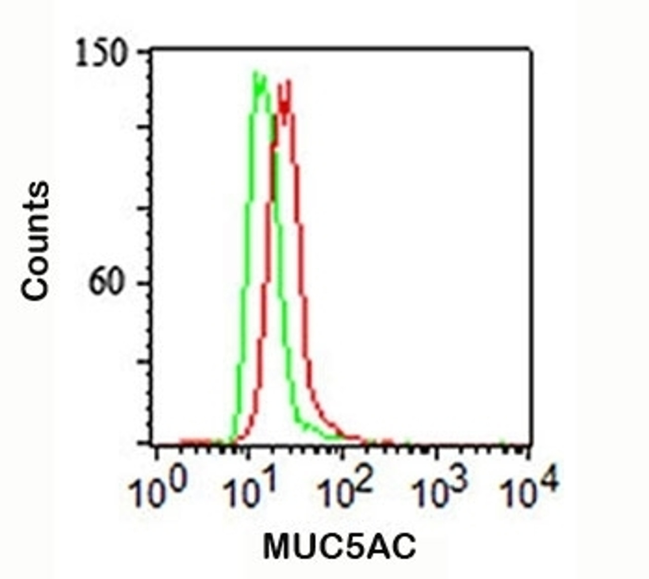 Intracellular flow cytometry staining of A549 cells using MUC5AC antibody (red) and isotype control (green) .