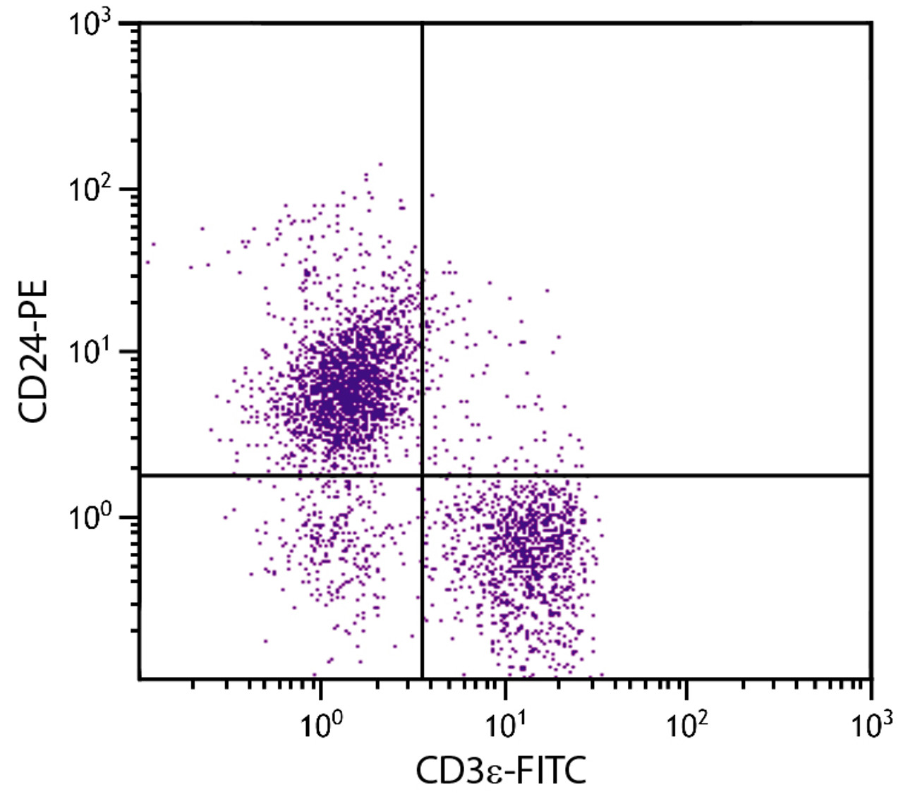 BALB/c mouse splenocytes were stained with Rat Anti-Mouse CD24-PE (Cat. No. 98-693) and Rat Anti-Mouse CD3?-FITC .